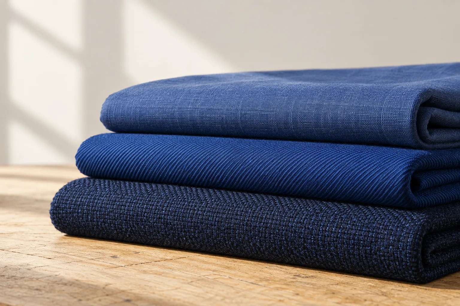 Three folded blue cloths show contrasting thicknesses and weaves on a wooden table.