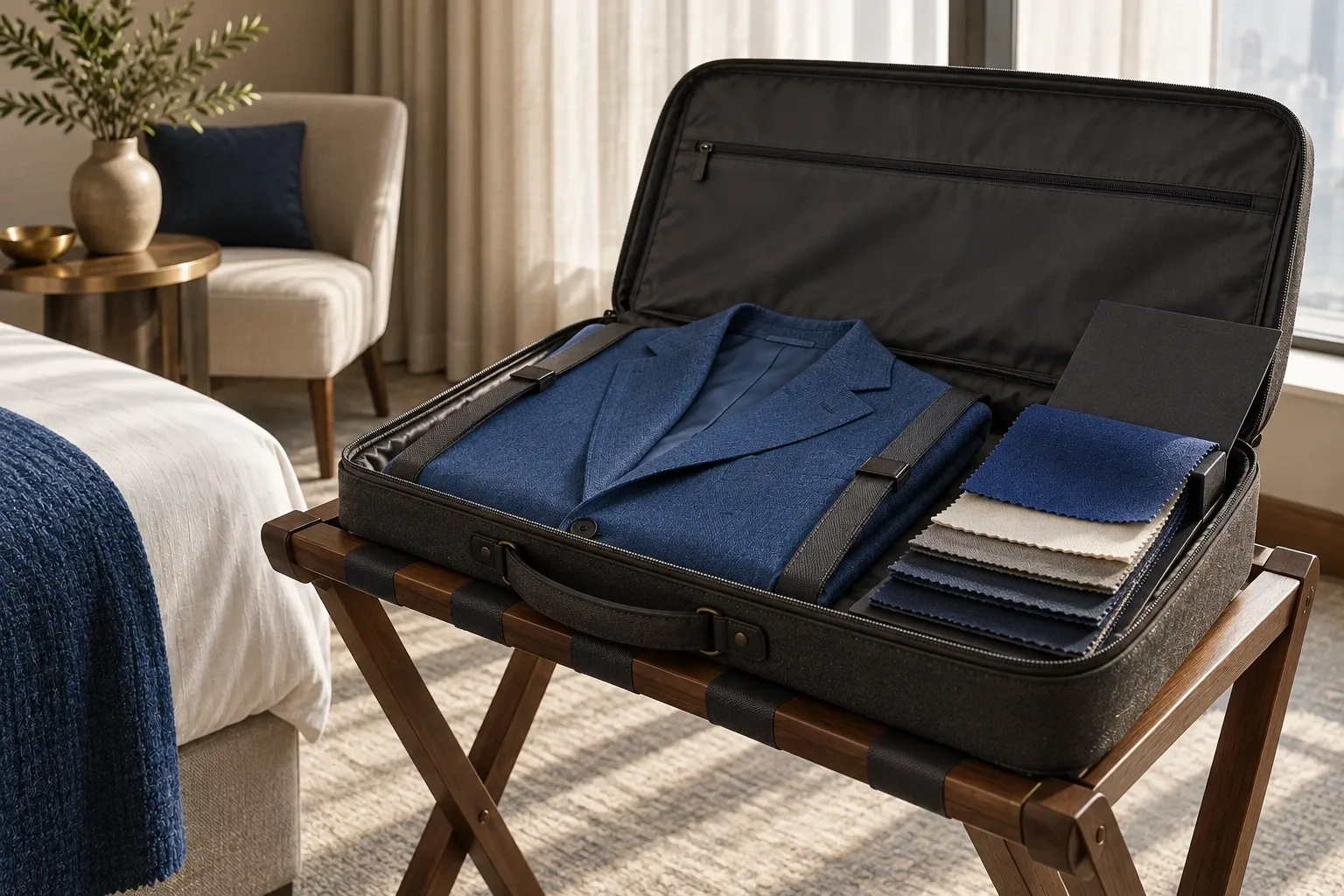 An open garment carrier holds a cobalt jacket and cloth samples on a hotel luggage stand.