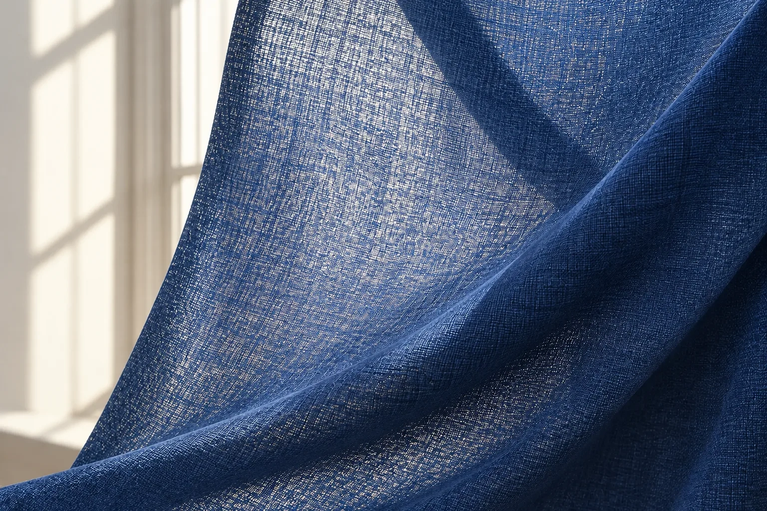 Window light passes through the fine open weave of cobalt cloth.