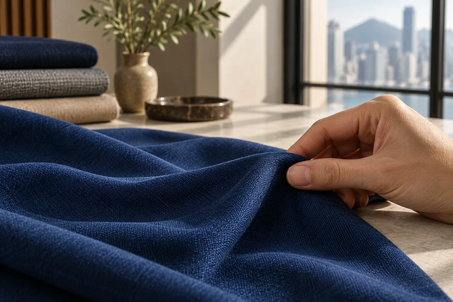 An anonymous hand pinches a fold of cobalt wool to show its drape.
