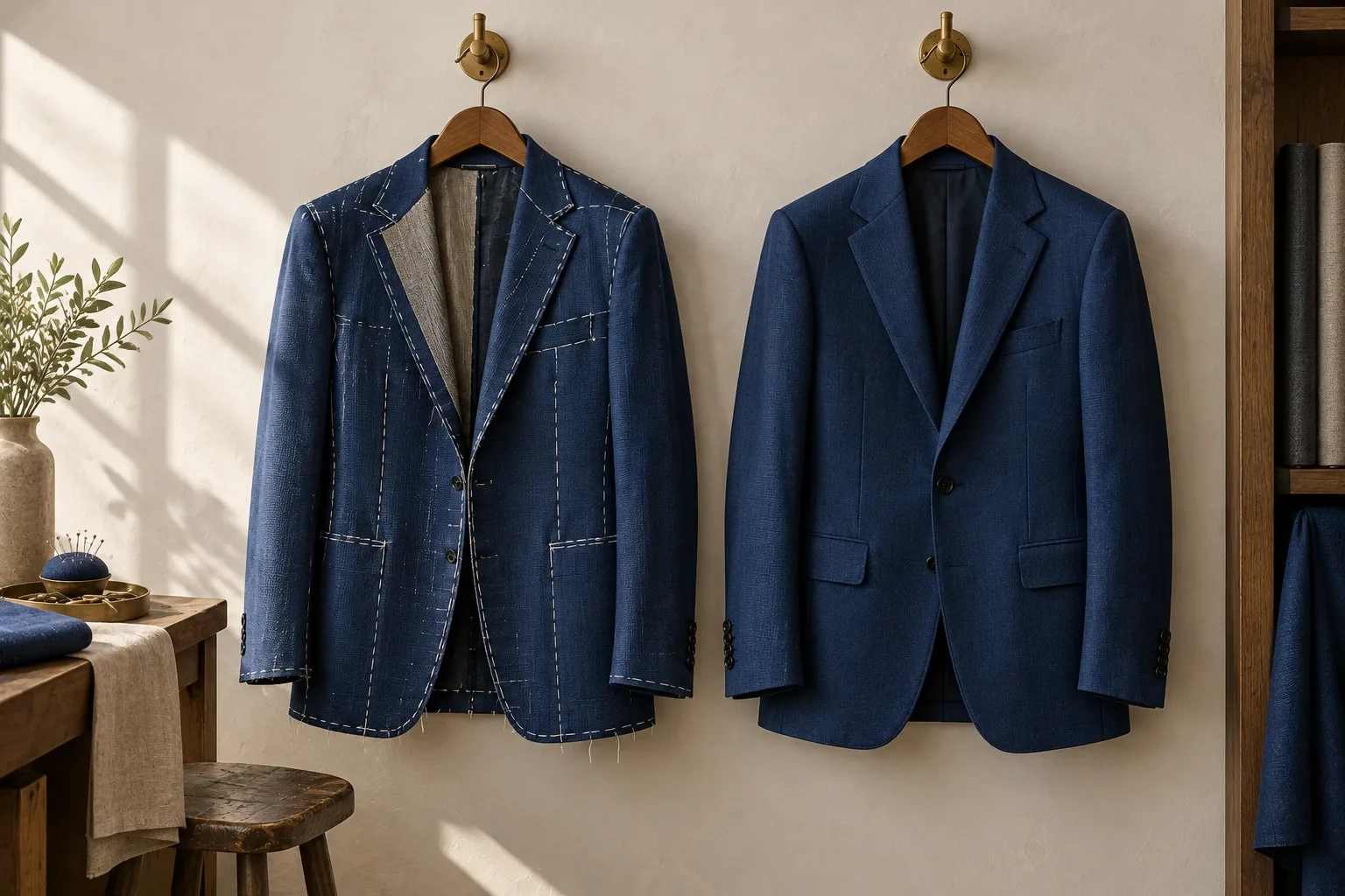 Two cobalt jackets hang side by side, one basted with white thread and one nearly finished.