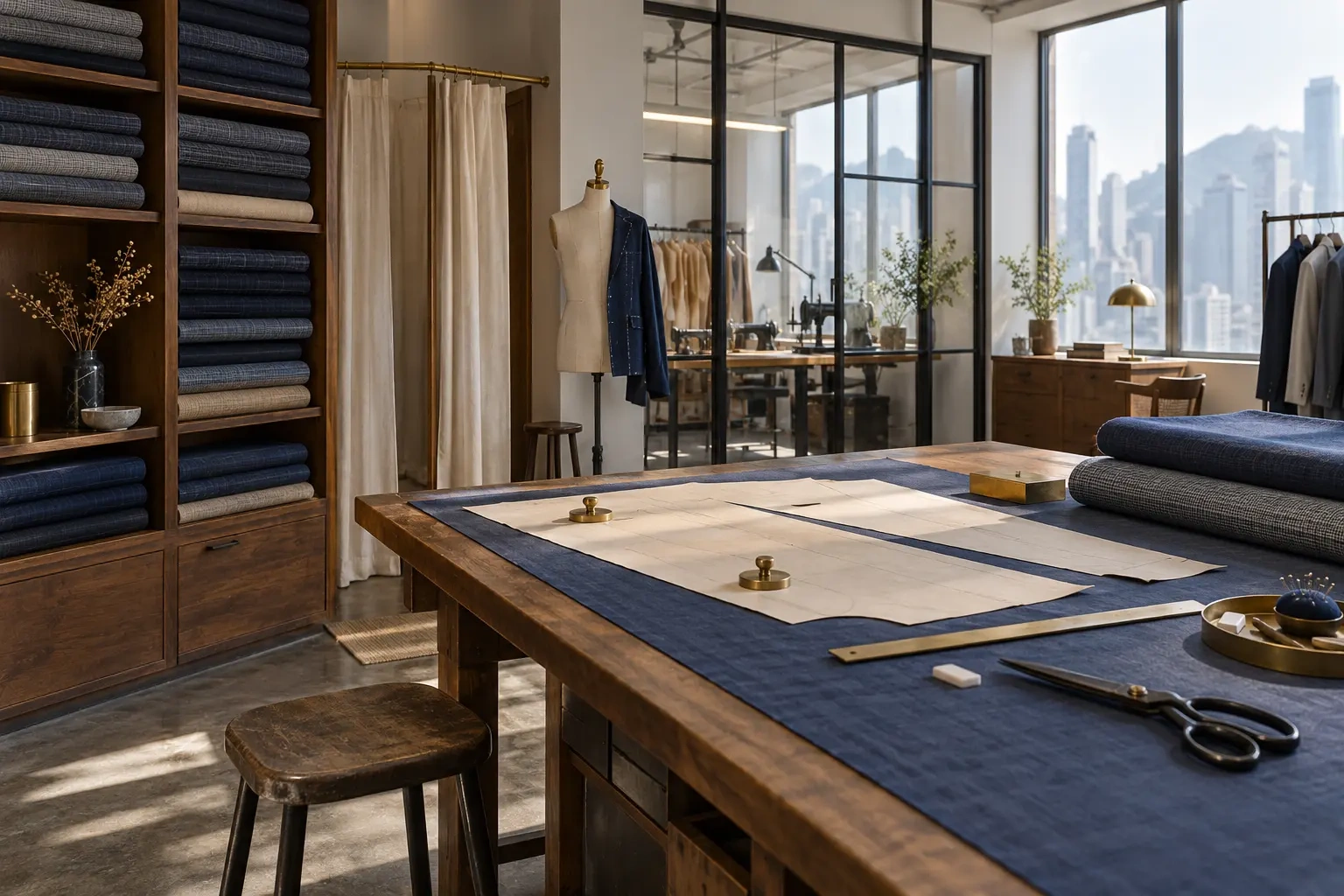Daylight enters an atelier with cloth shelves, a cutting table and harbour windows.