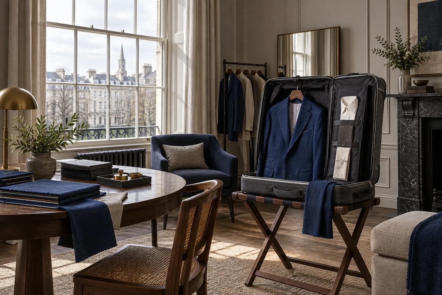 An open garment carrier and cloth samples sit in a Georgian fitting suite beside a sash window.