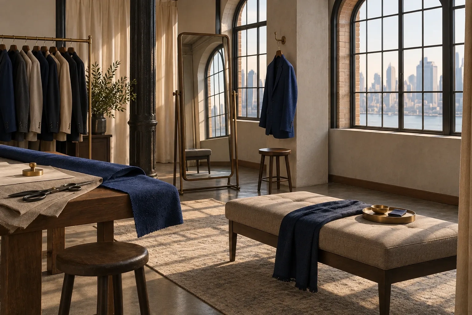 A cobalt jacket hangs beside a standing mirror in a loft with tall arched windows.