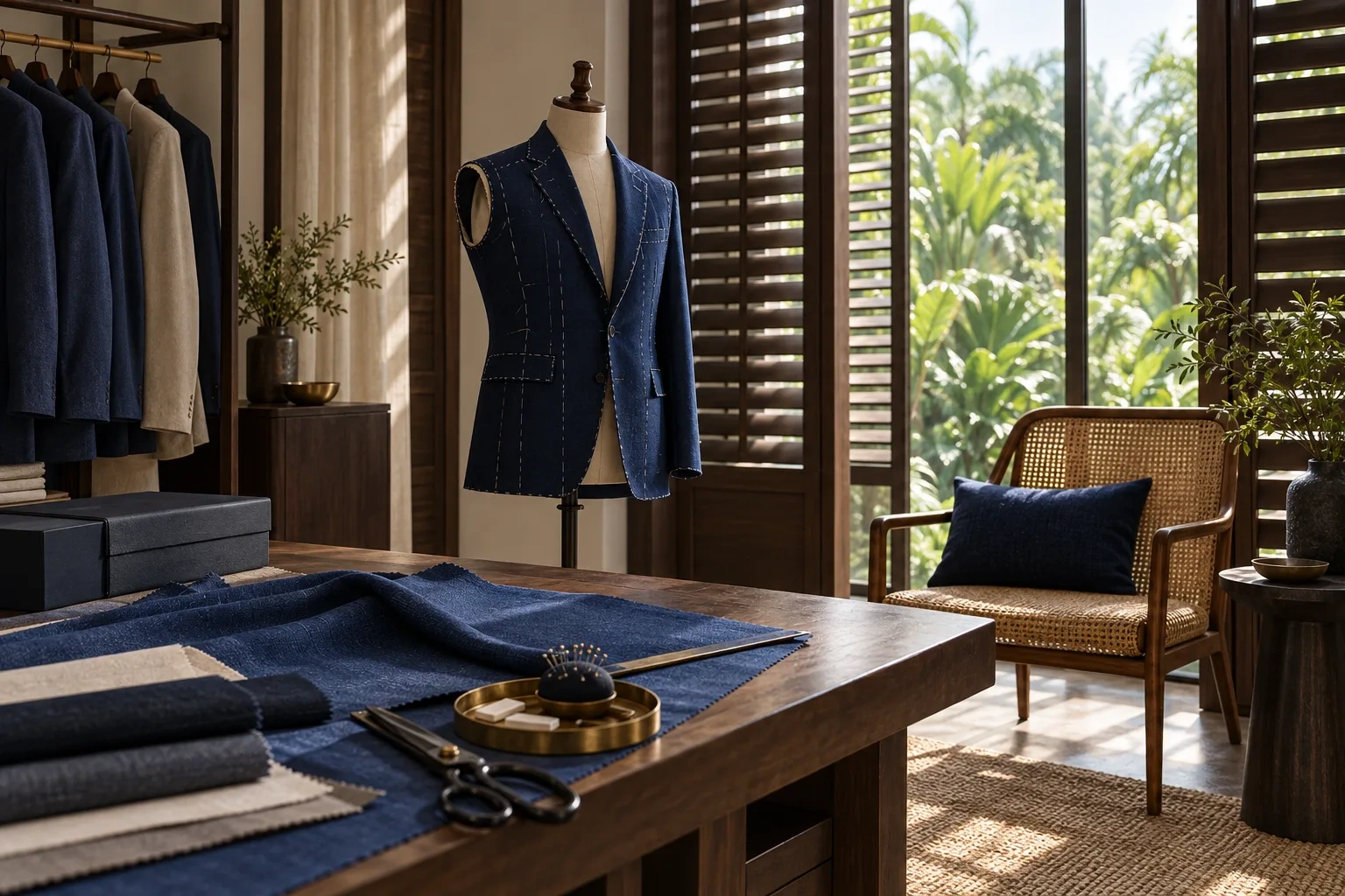 A basted jacket stands beside timber shutters and a rattan chair in tropical daylight.