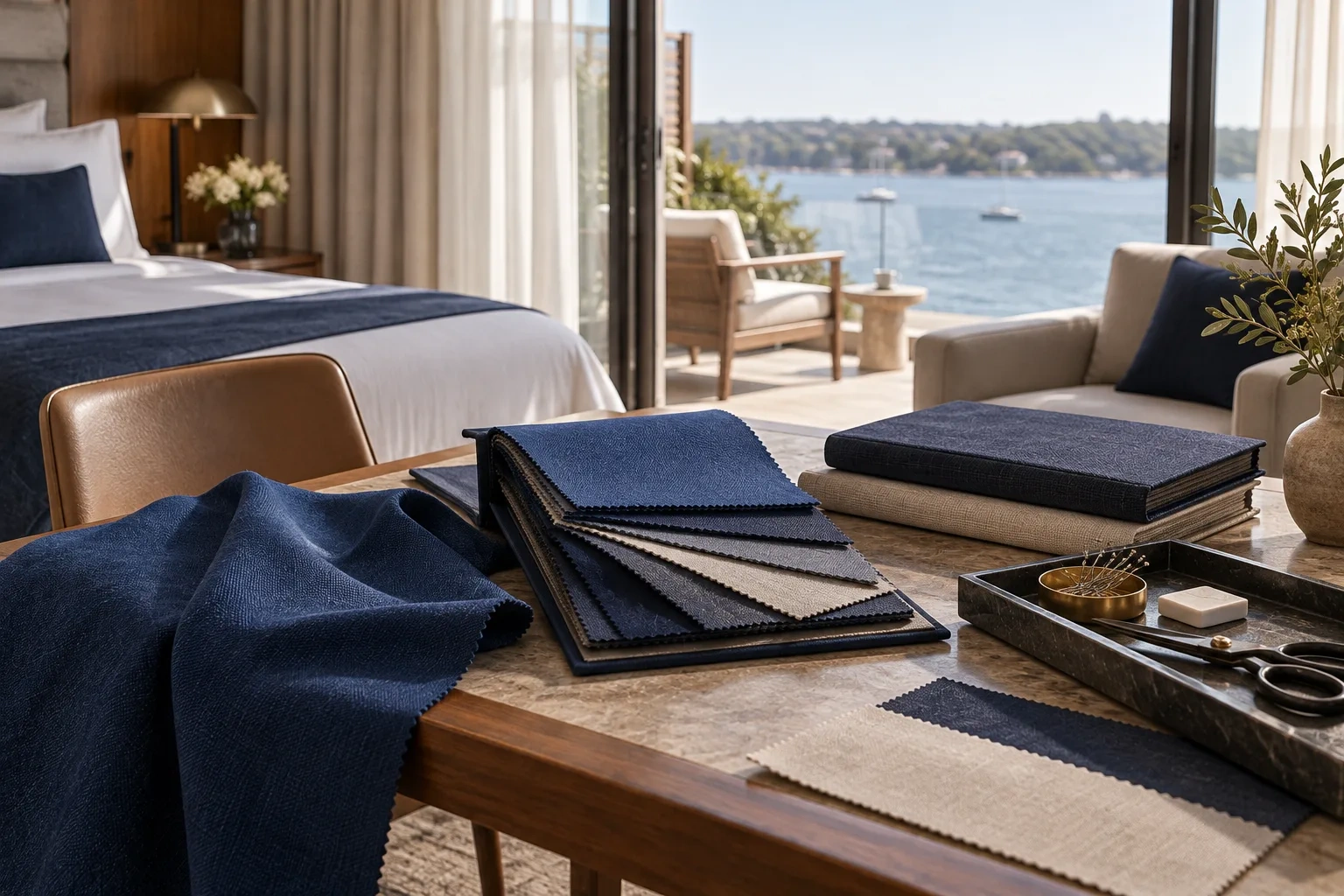 Fanned cloth samples sit in a bright hotel room opening onto a harbour terrace.