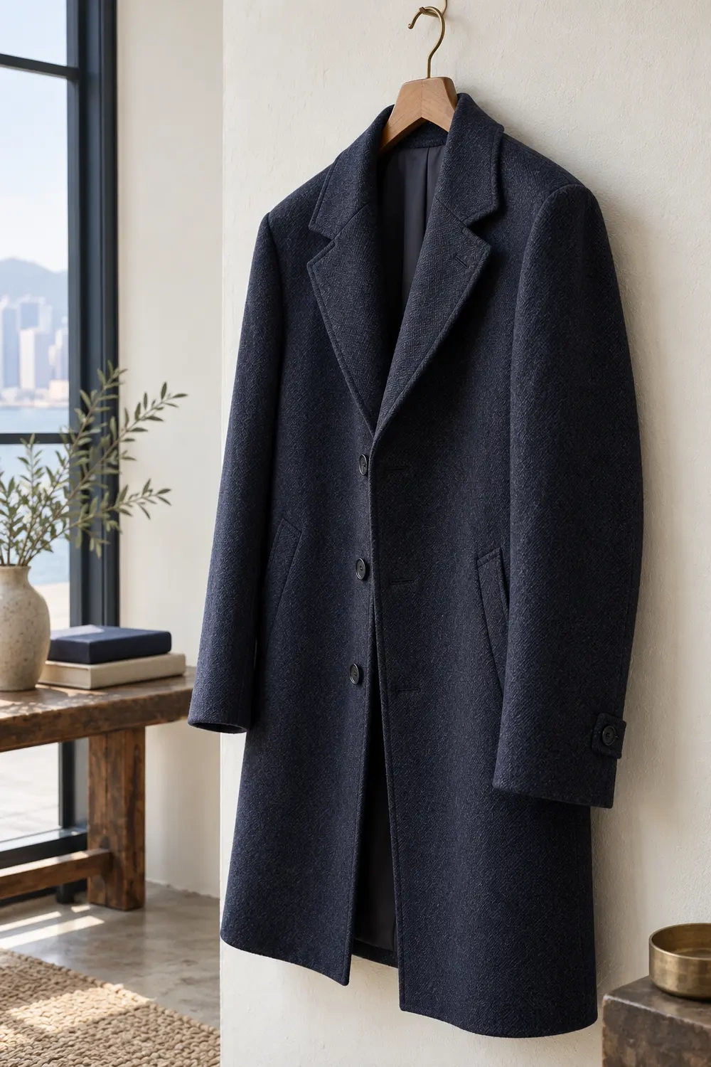 A navy overcoat hangs beside a window overlooking the harbour.
