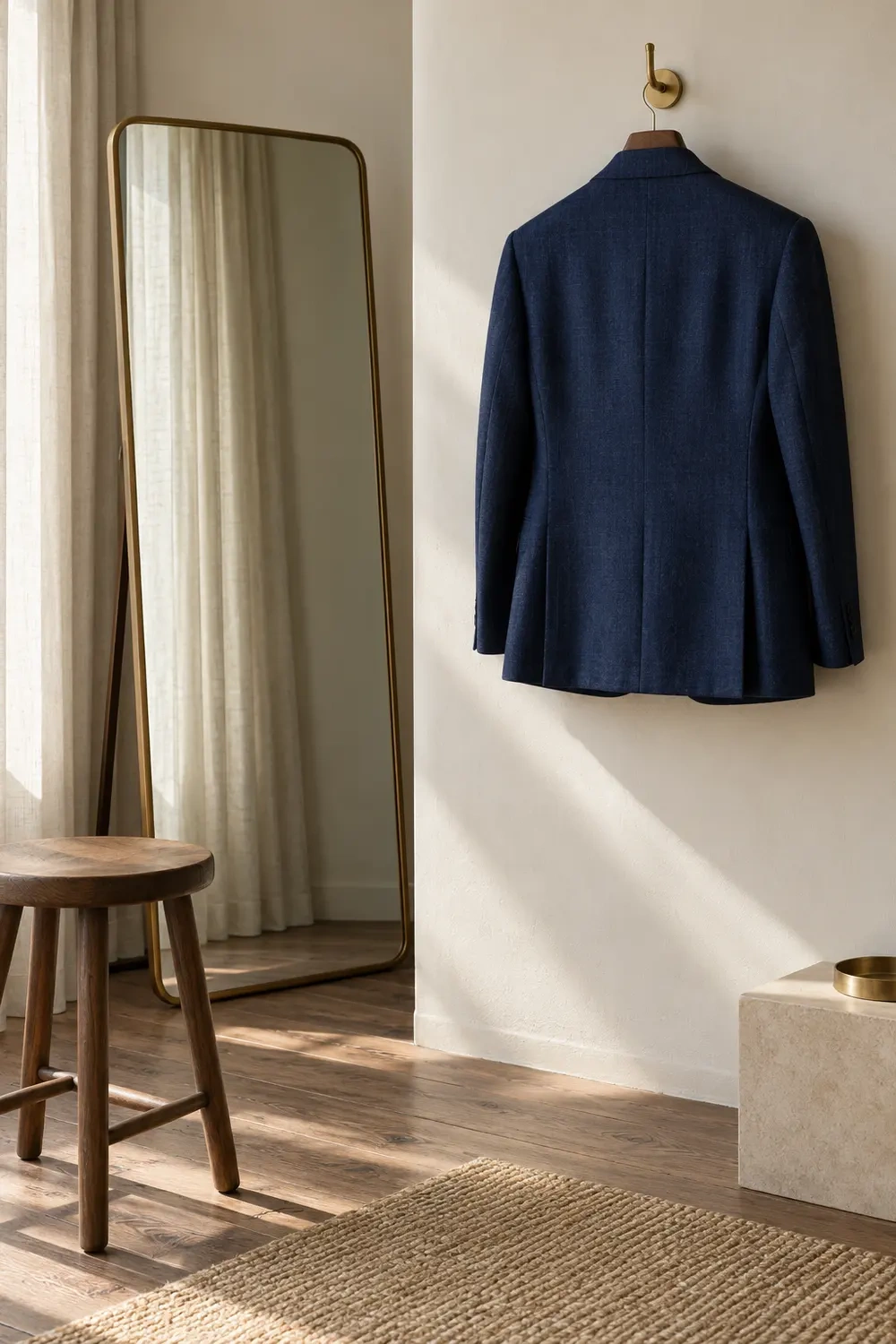 A navy jacket hangs beside a tall mirror in a quiet fitting room.