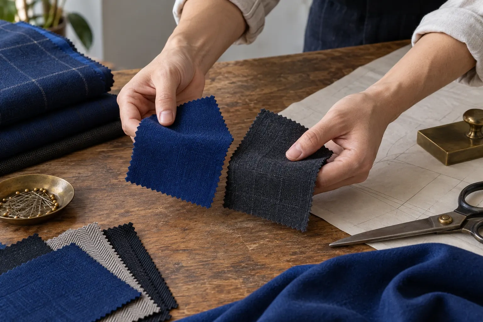 Hands compare two cloth swatches over a cutting table.