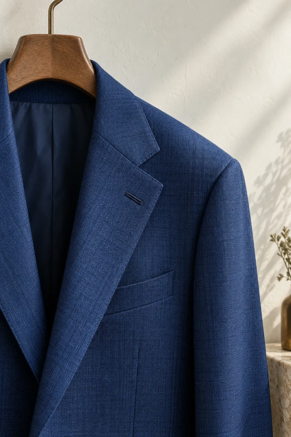 A cobalt suit jacket hangs in soft daylight, showing its lapel and chest pocket.