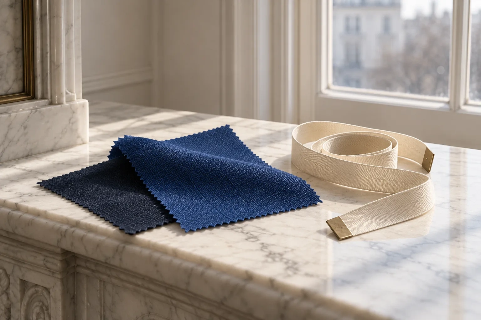 Two blue wool swatches and an unprinted measuring tape rest on a white marble mantel.