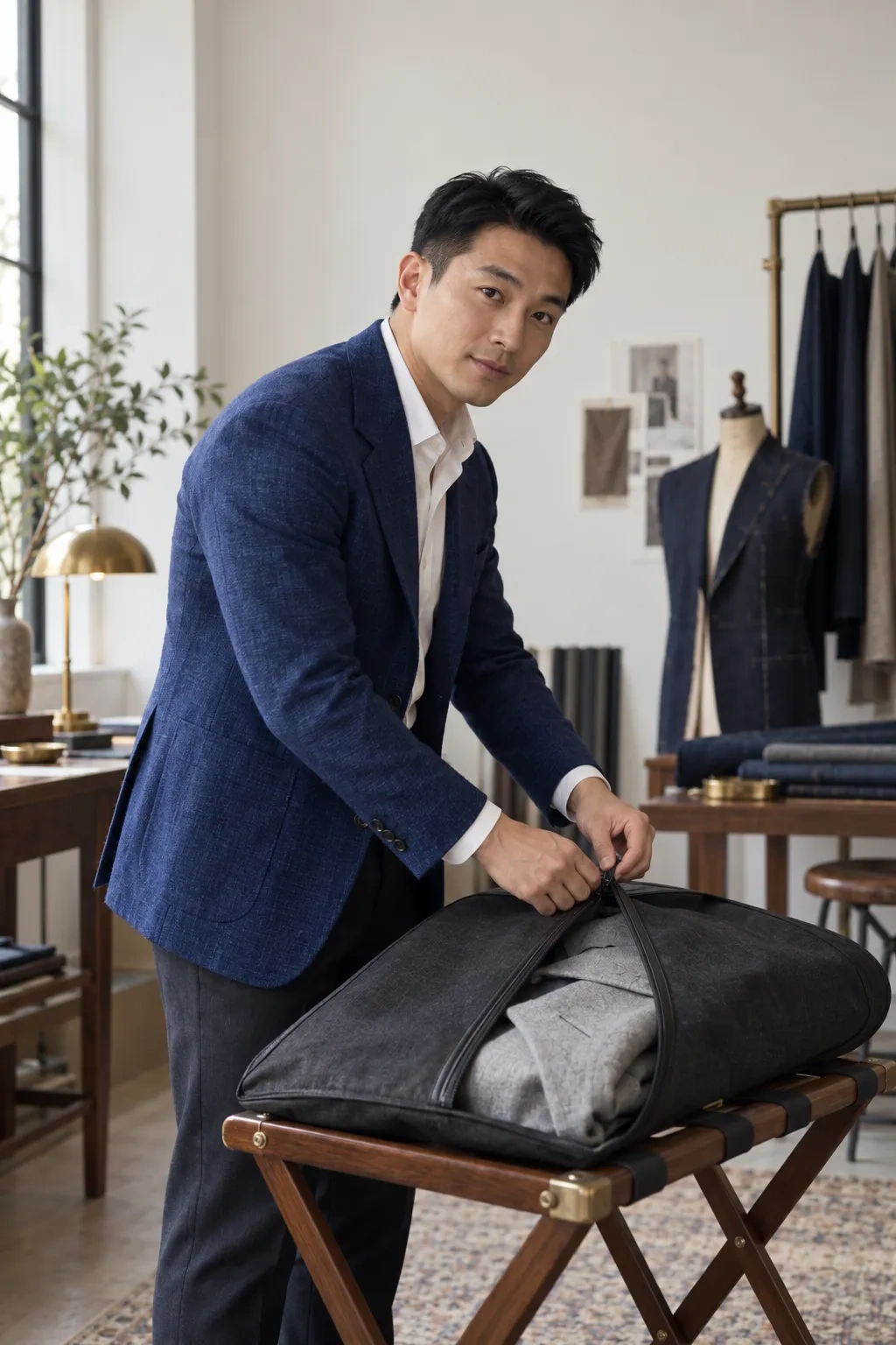 Evan Ho fastens a garment carrier on a luggage stand.