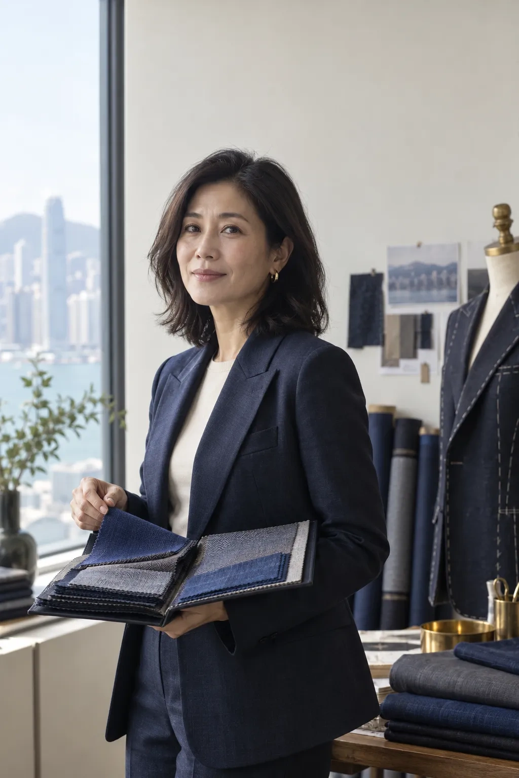 Mira Lau holds a blue and grey cloth swatch book beside a window.