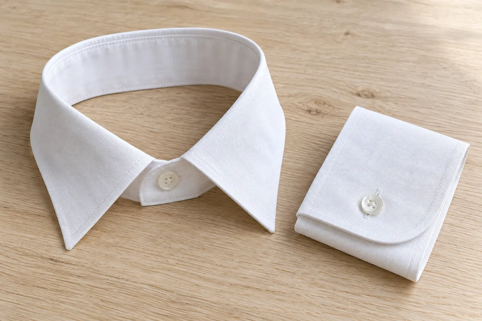 A white shirt collar and folded cuff rest on a pale wooden table.